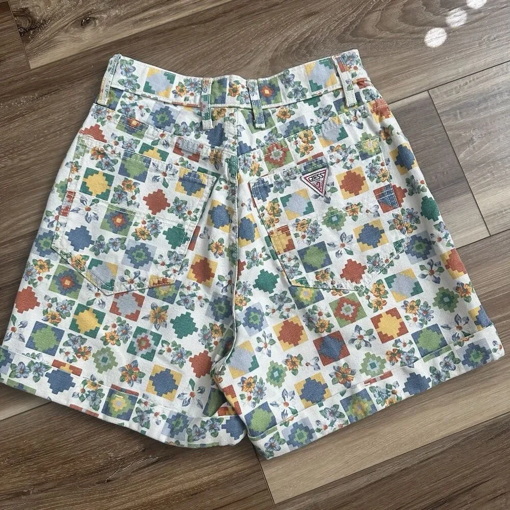 Vintage 90s GUESS USA Southwestern Patchwork Print High Waist Shorts XXS 23”